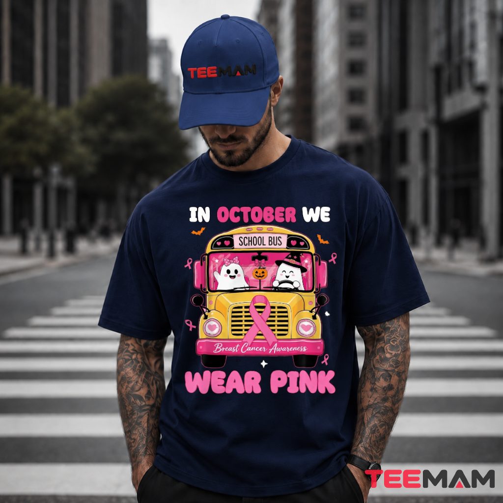 School Bus Ghosts Pumpkin October Pink T-Shirt