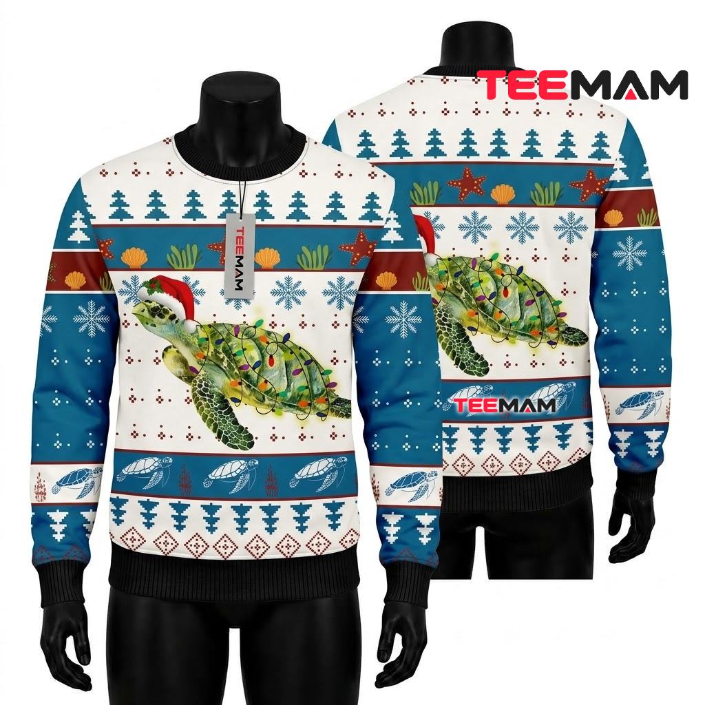 Sea Turtle Ugly Christmas Sweater Santa Hat Lights Front