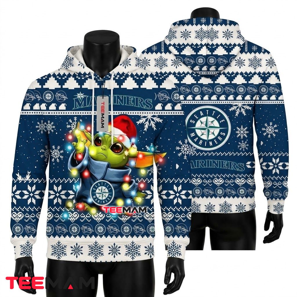 Seattle Mariners 3D Hoodie Baby Yoda Christmas Lights Front