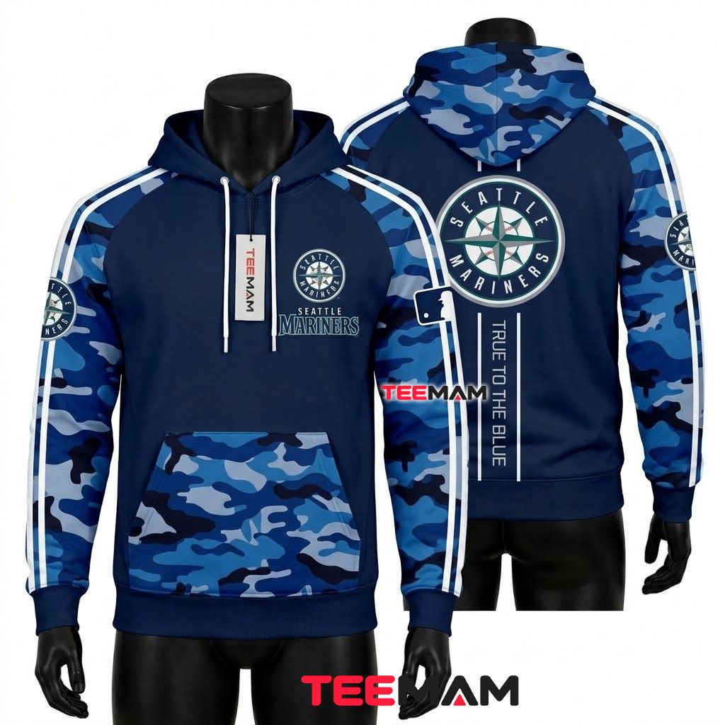 Seattle Mariners 3D Hoodie Blue Camo True To The Blue Front