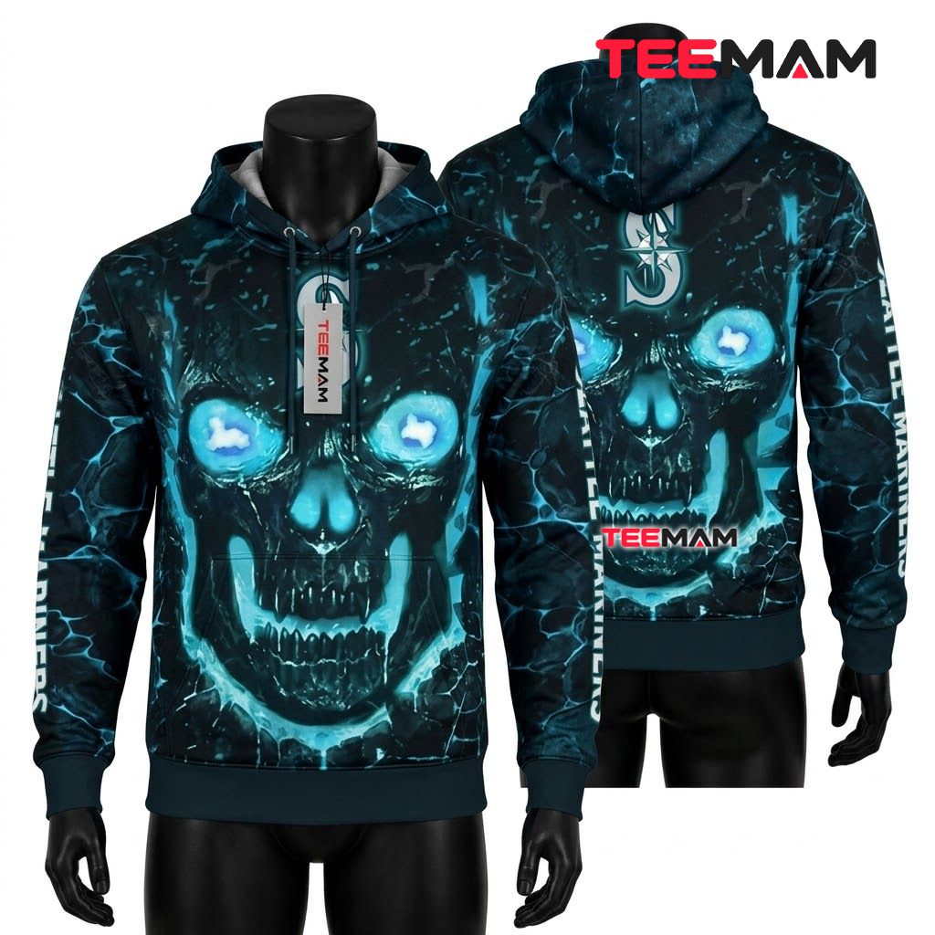 Seattle Mariners 3D Hoodie Cracked Ice Skull Front