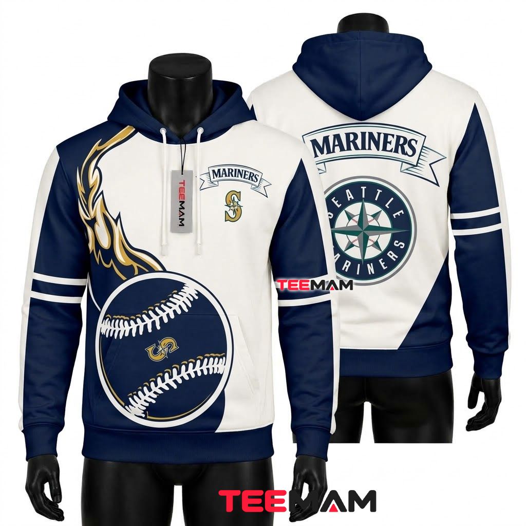 Seattle Mariners 3D Hoodie Flame Baseball Front
