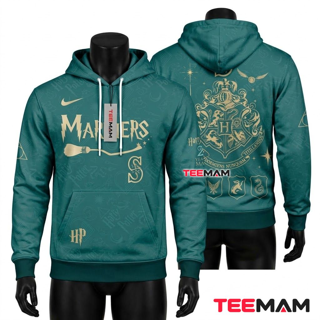 Seattle Mariners 3D Hoodie Hogwarts Crest Broom Magic Front