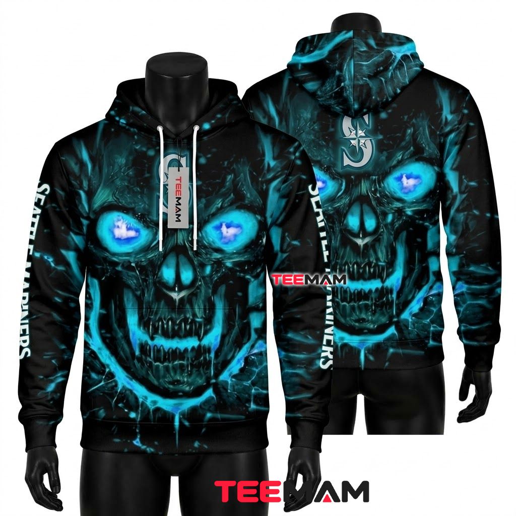 Seattle Mariners All Over Print 3D Hoodie Blue Flame Skull Front