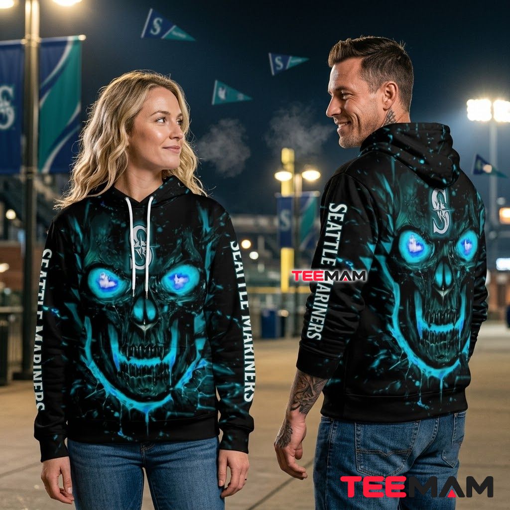 Seattle Mariners All Over Print 3D Hoodie Blue Flame Skull Back Seattle Mariners All Over Print 3D Hoodie Blue Flame Skull Back