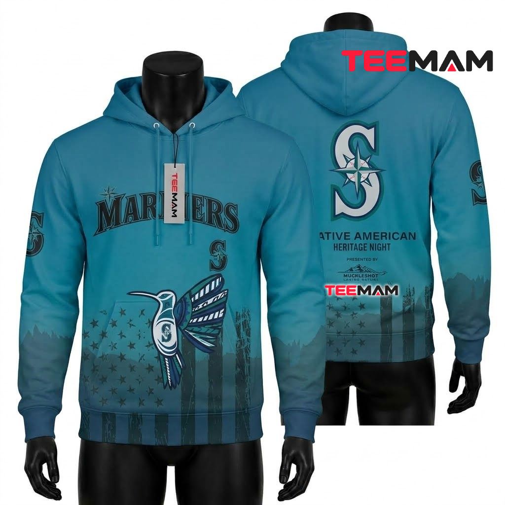 Seattle Mariners All Over Print 3D Hoodie Hummingbird Native American Heritage Front