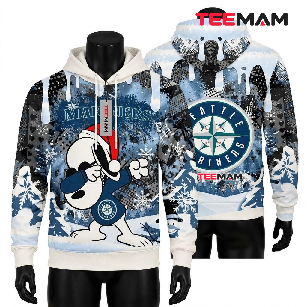 Seattle Mariners All Over Print 3D Hoodie Snoopy Dabbing Winter Camo Front