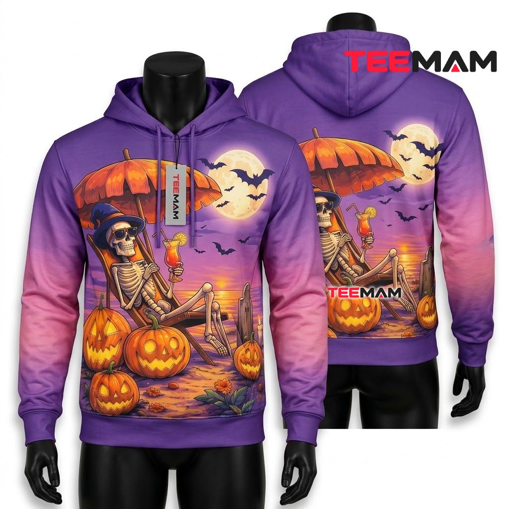 Skeleton Beach Chair Halloween 3D Hoodie Front
