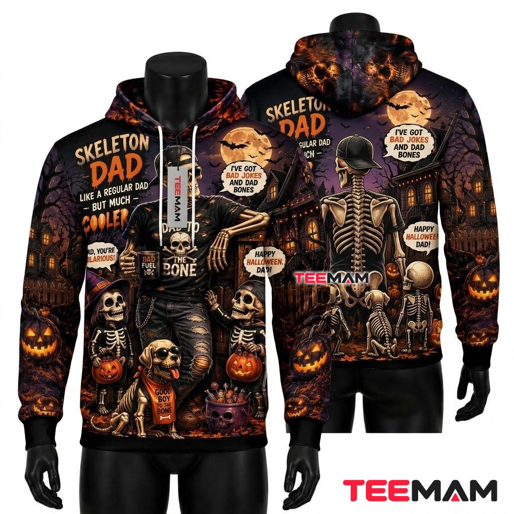 Skeleton Dad Family Halloween 3D Hoodie Front