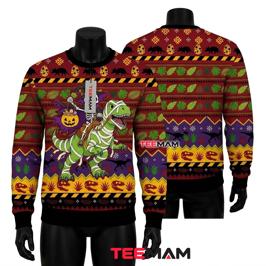Skeleton Halloween Ugly Sweater Riding Mummy T Rex Dinosaur Front