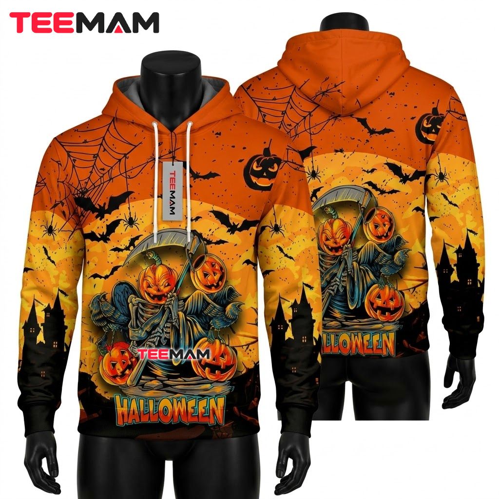 Skeleton Reaper Pumpkin Halloween 3D Hoodie Front