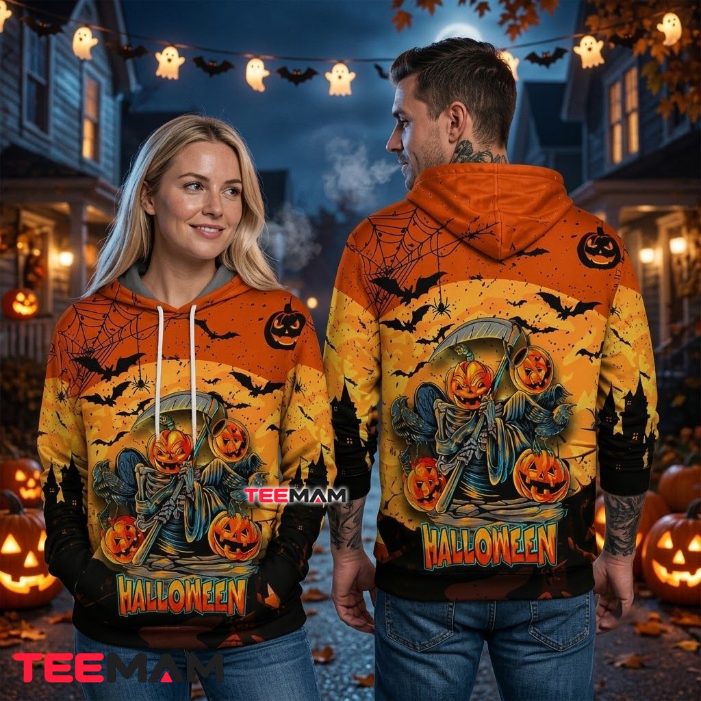 Skeleton Reaper Pumpkin Halloween 3D Hoodie Back Skeleton Reaper Pumpkin Halloween 3D Hoodie Back