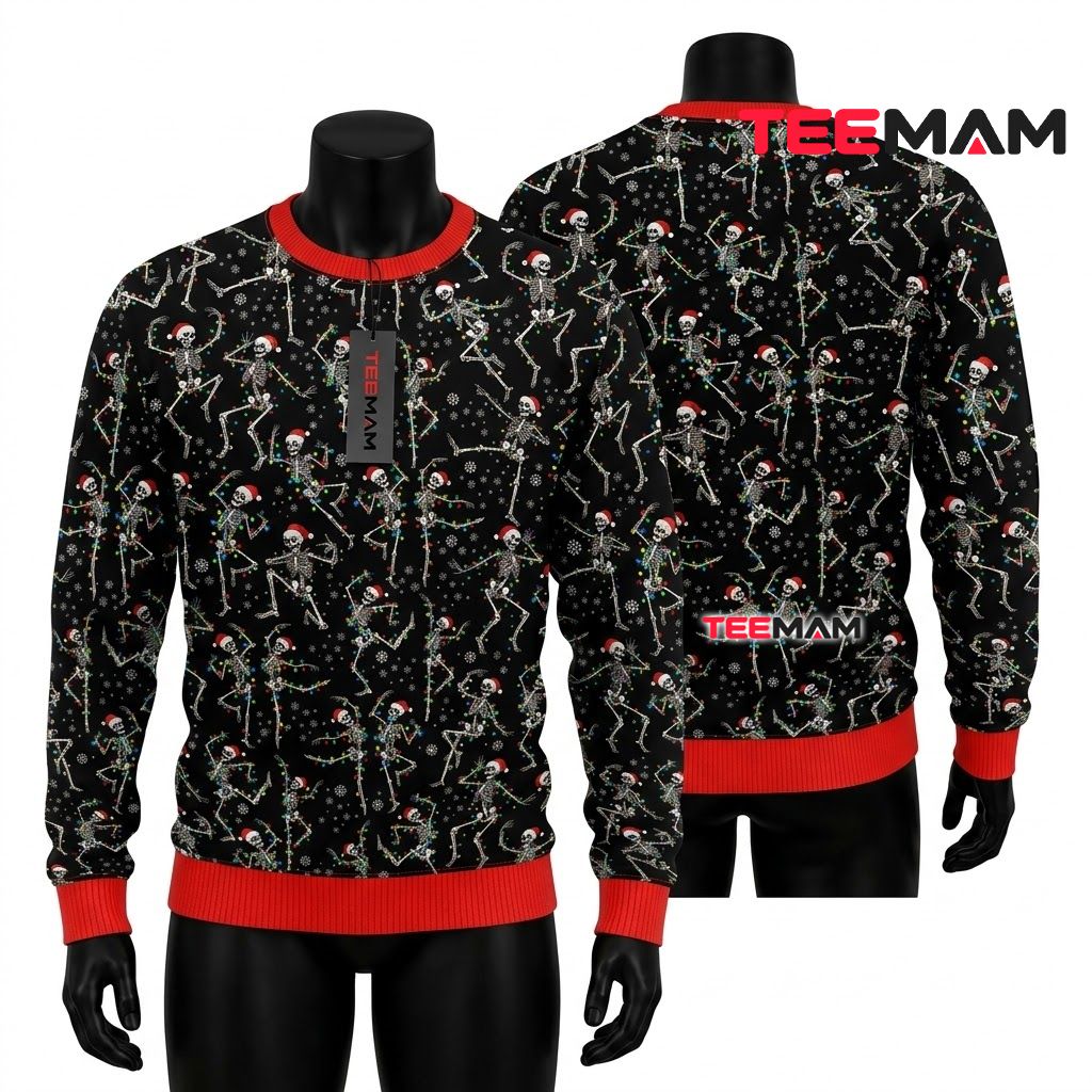 Skeleton Ugly Halloween Sweater Dancing Santa Hat Pattern Front