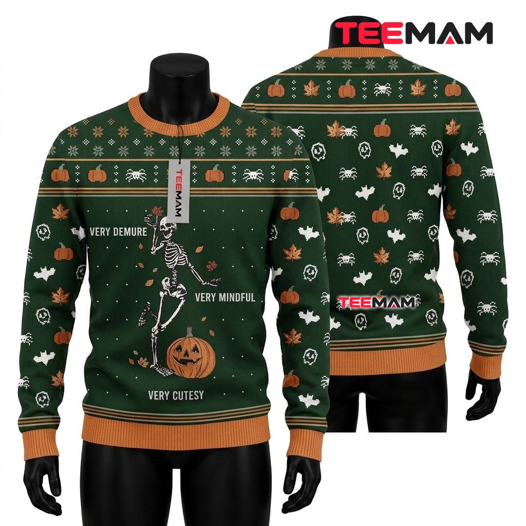 Skeleton Ugly Halloween Sweater Very Demure Mindful Cutesy Front