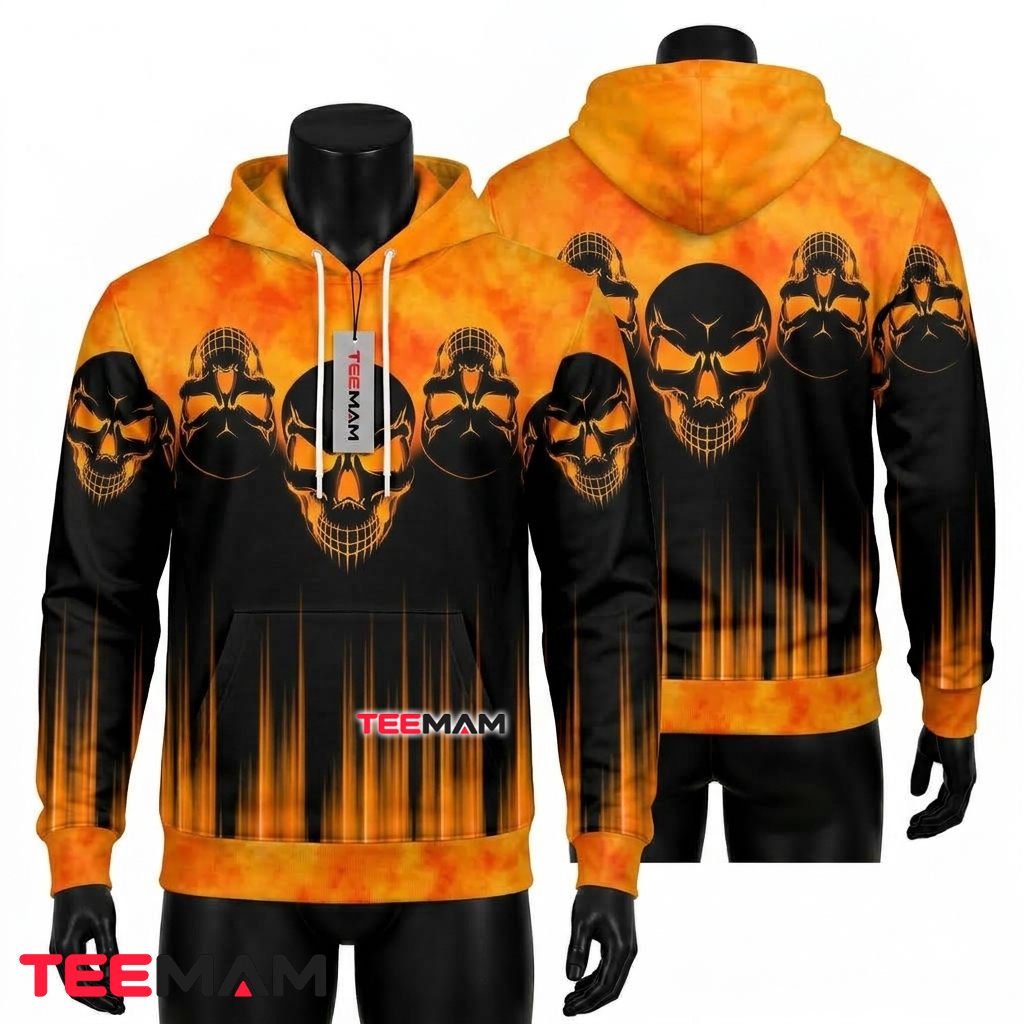 Skull Halloween 3D Hoodie Orange Black Front