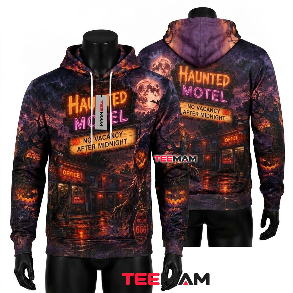 Skull Motel Halloween 3D Hoodie Haunted Motel No Vacancy Front