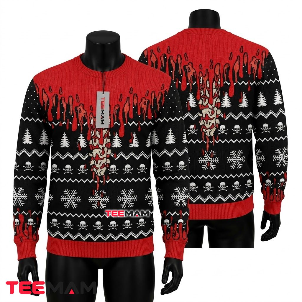 Skull Ugly Halloween Sweater Blood Drip Crossbone Print Front