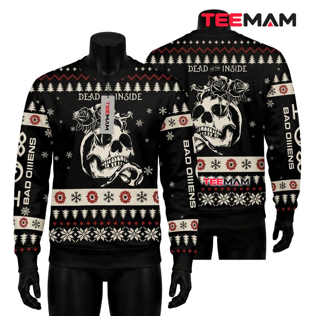 Skull Ugly Halloween Sweater Dead Inside Rose Print Front