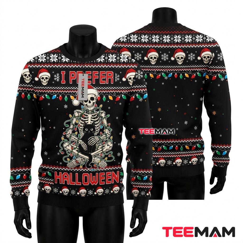 Skull Ugly Halloween Sweater I Prefer Black Cat Lights Front