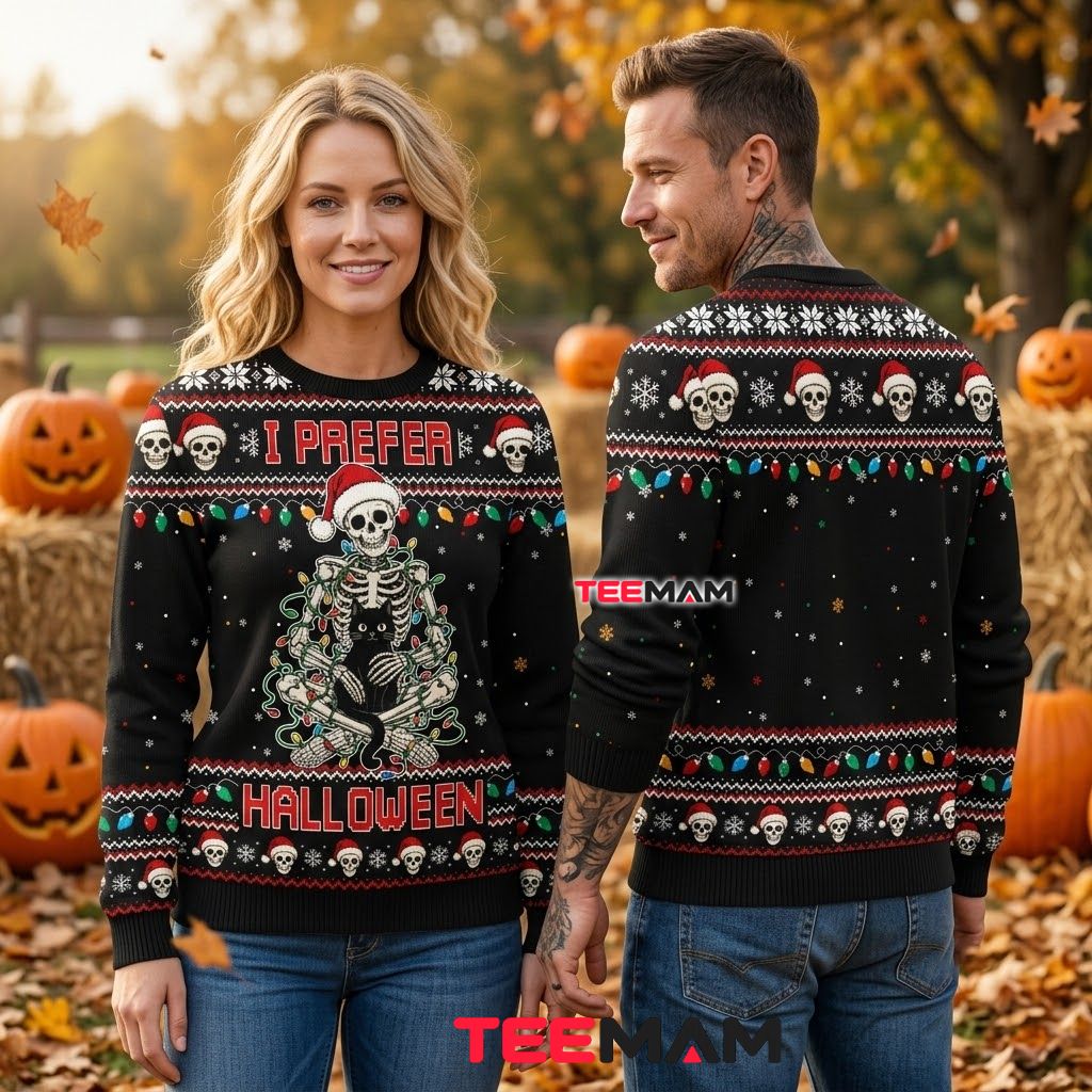 Skull Ugly Halloween Sweater I Prefer Black Cat Lights Back Skull Ugly Halloween Sweater I Prefer Black Cat Lights Back