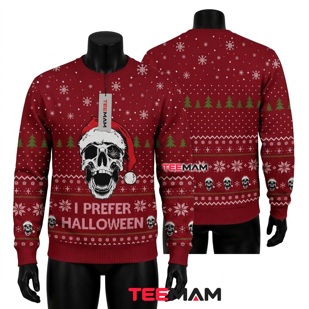 Skull Ugly Halloween Sweater I Prefer Red Santa Hat Front