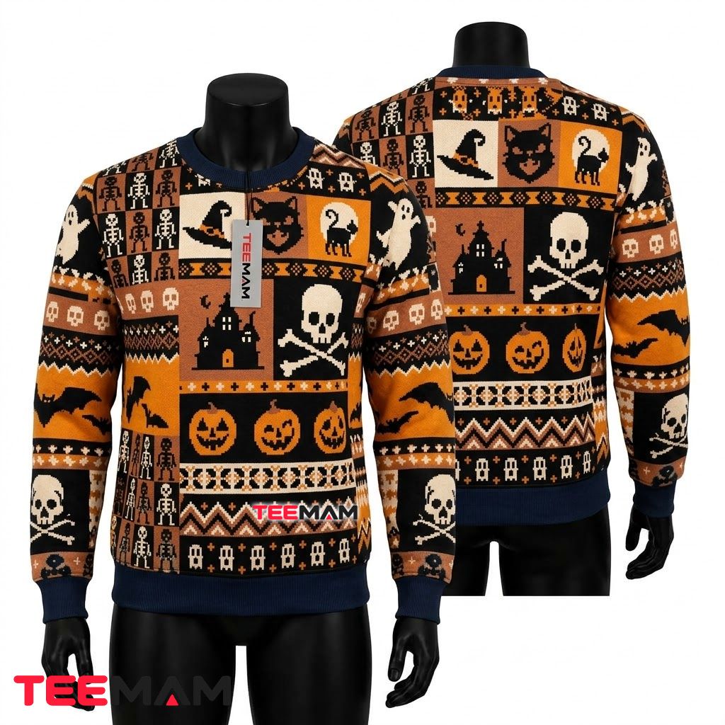 Skull Ugly Halloween Sweater Pumpkin Bat Icon Pattern Front
