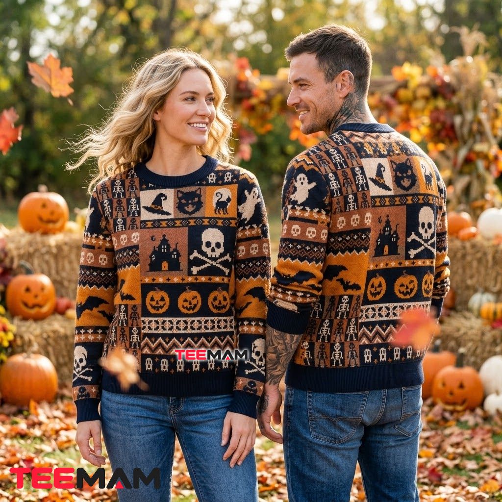Skull Ugly Halloween Sweater Pumpkin Bat Icon Pattern Back Skull Ugly Halloween Sweater Pumpkin Bat Icon Pattern Back
