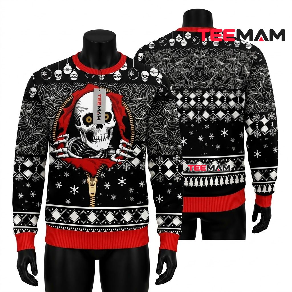 Skull Ugly Halloween Sweater Zipper Reveal Hood Print Front