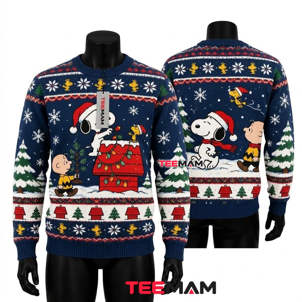 Snoopy And Charlie Brown Ugly Christmas Sweater Doghouse Blue Design Front