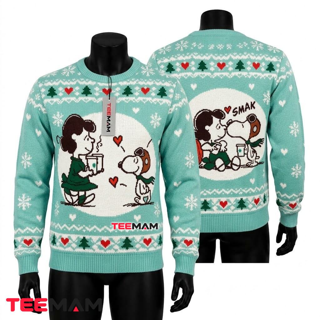 Snoopy And Lucy Ugly Christmas Sweater Kiss Hot Cocoa Print Front