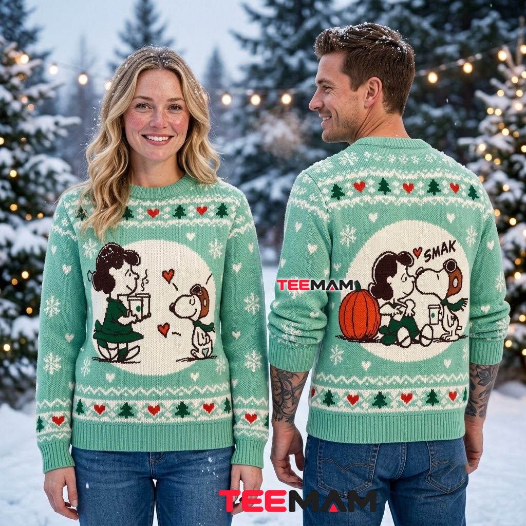 Snoopy And Lucy Ugly Christmas Sweater Kiss Hot Cocoa Print Back Snoopy And Lucy Ugly Christmas Sweater Kiss Hot Cocoa Print Back