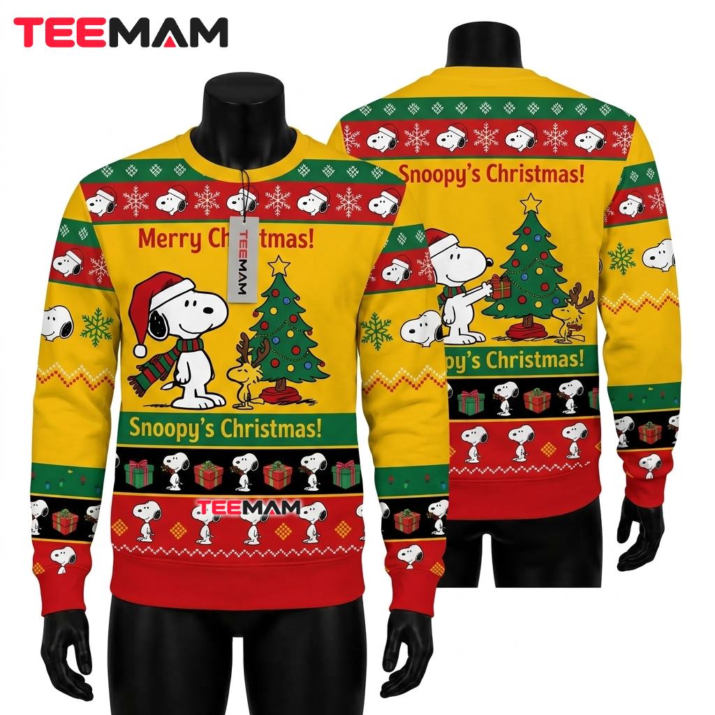 Snoopy And Woodstock Ugly Christmas Sweater Christmas Tree Yellow Front