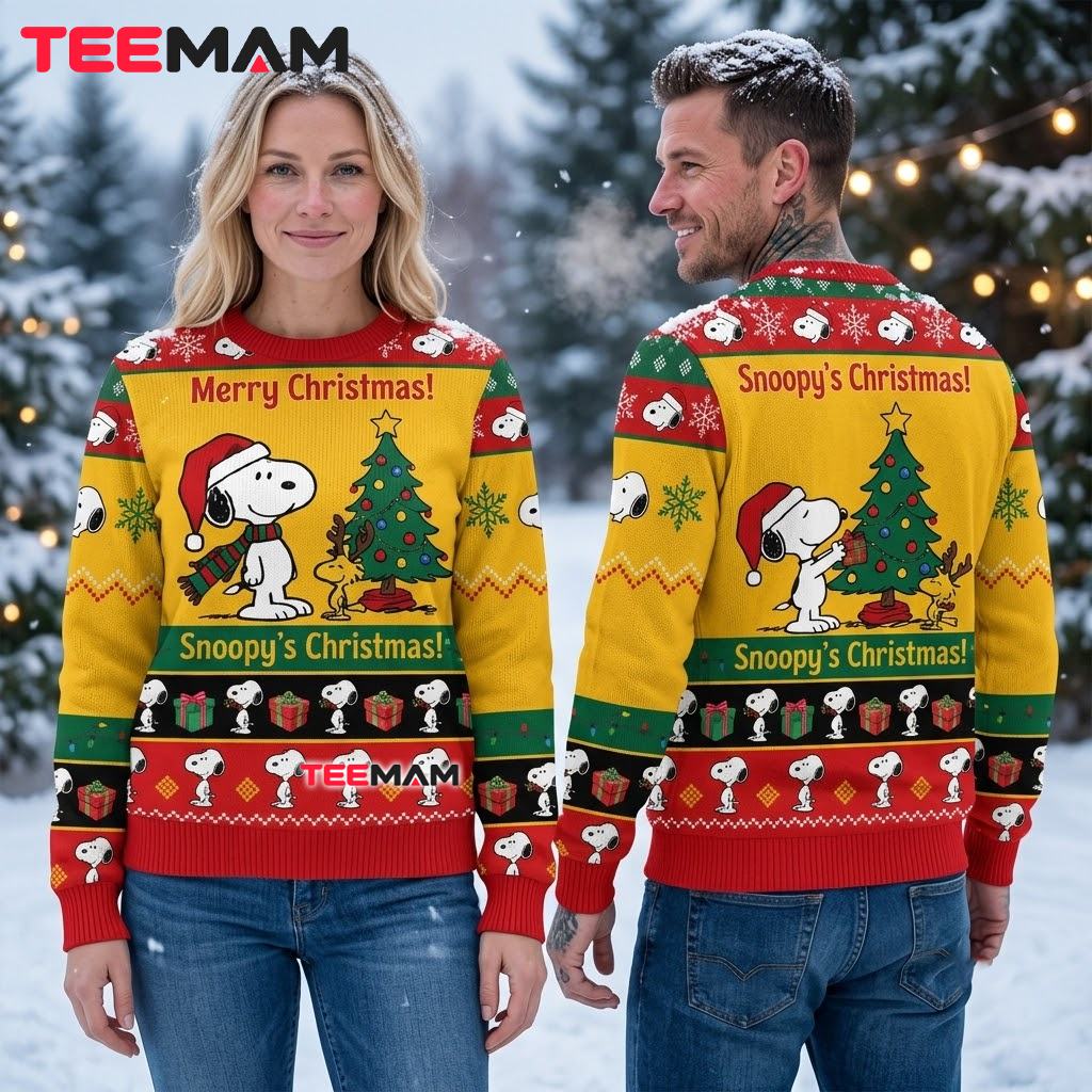 Snoopy And Woodstock Ugly Christmas Sweater Christmas Tree Yellow Back Snoopy And Woodstock Ugly Christmas Sweater Christmas Tree Yellow Back