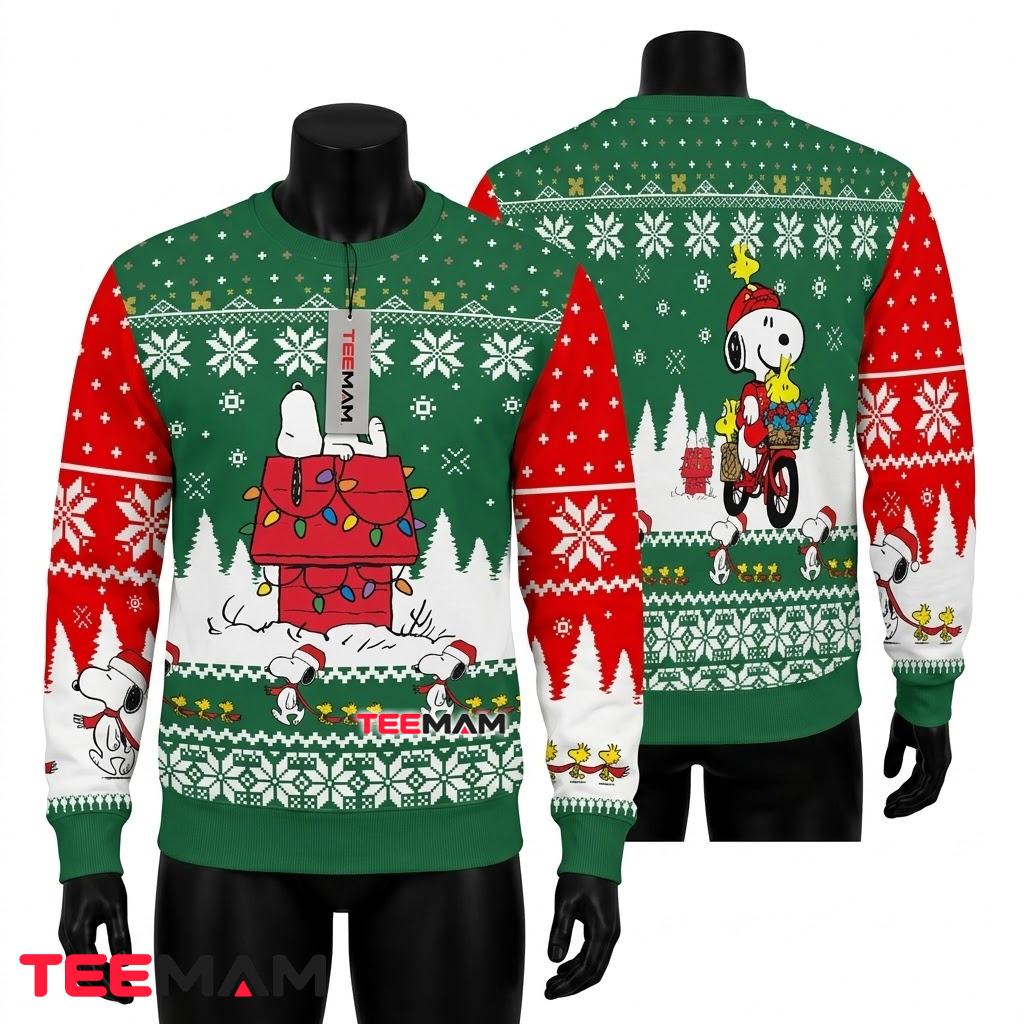 Snoopy And Woodstock Ugly Christmas Sweater Doghouse Bicycle Design Front