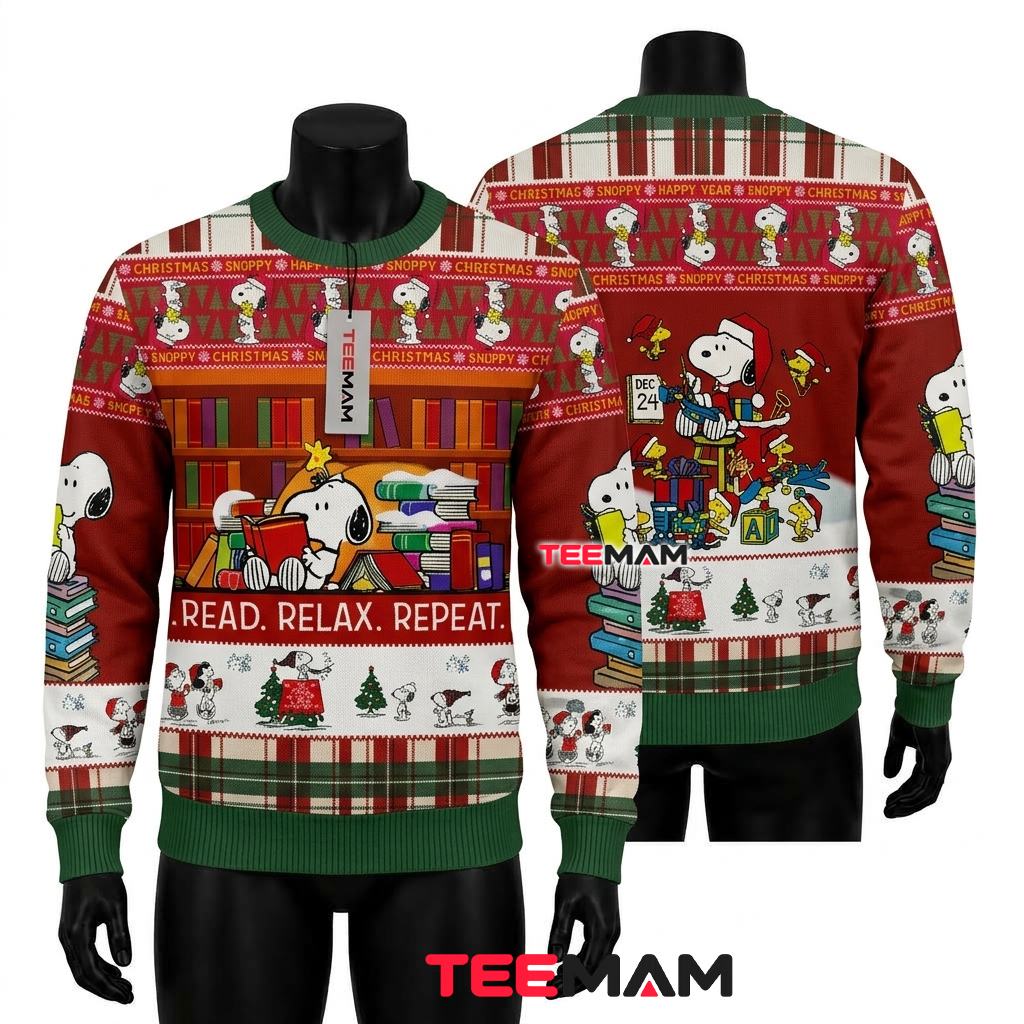 Snoopy Ugly Christmas Sweater Read Relax Repeat Plaid Design Front