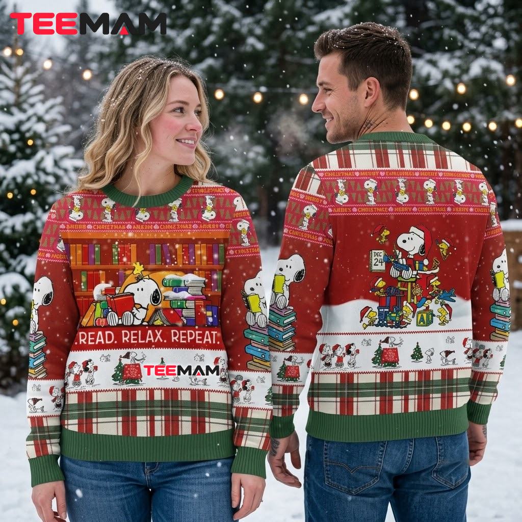 Snoopy Ugly Christmas Sweater Read Relax Repeat Plaid Design Back Snoopy Ugly Christmas Sweater Read Relax Repeat Plaid Design Back