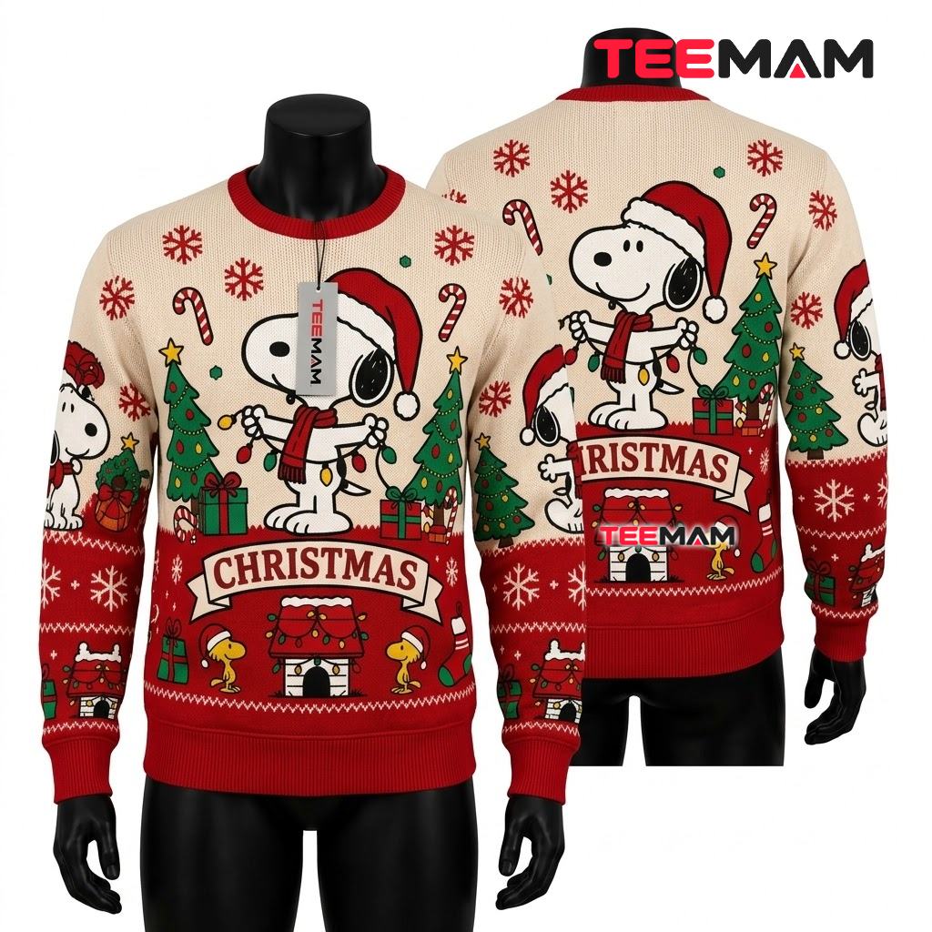 Snoopy Ugly Christmas Sweater Woodstock Lights Cream Design Front