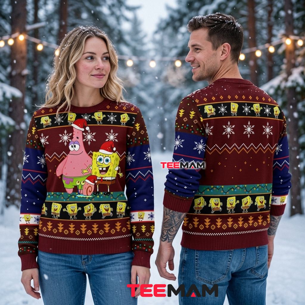 Spongebob And Patrick Ugly Christmas Sweater Snowflake Holiday Design Back Spongebob And Patrick Ugly Christmas Sweater Snowflake Holiday Design Back