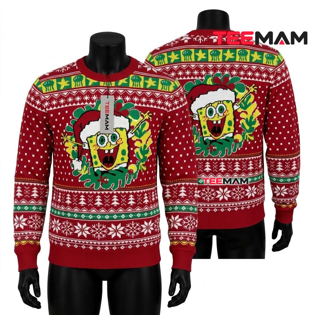 Spongebob Squarepants Ugly Christmas Sweater Santa Wreath Front