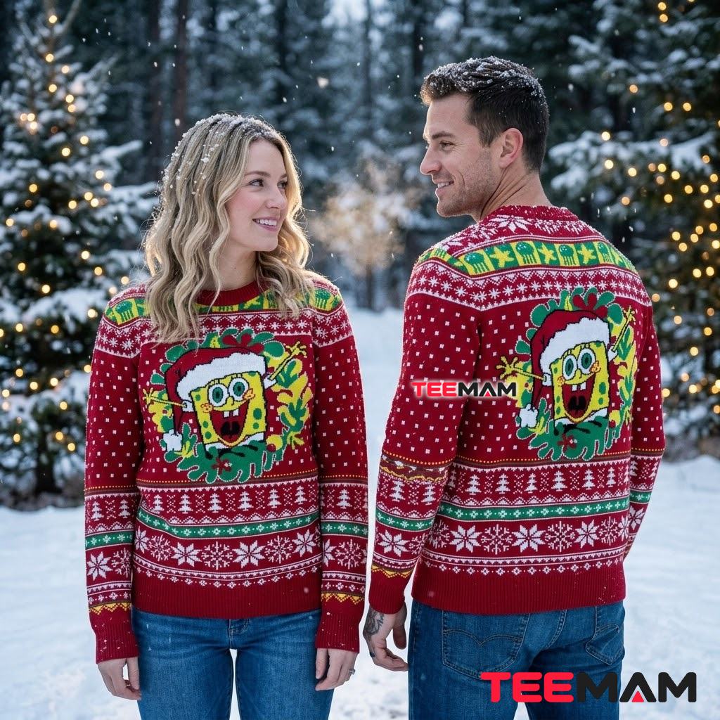 Spongebob Squarepants Ugly Christmas Sweater Santa Wreath Back Spongebob Squarepants Ugly Christmas Sweater Santa Wreath Back
