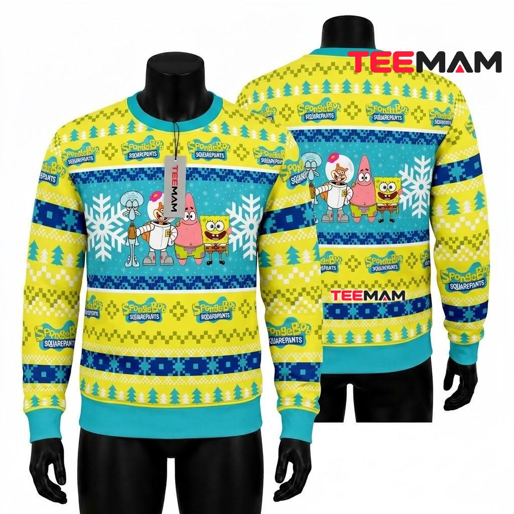 Spongebob Squarepants Ugly Christmas Sweater Squidward Sandy Patrick Snowflake Front