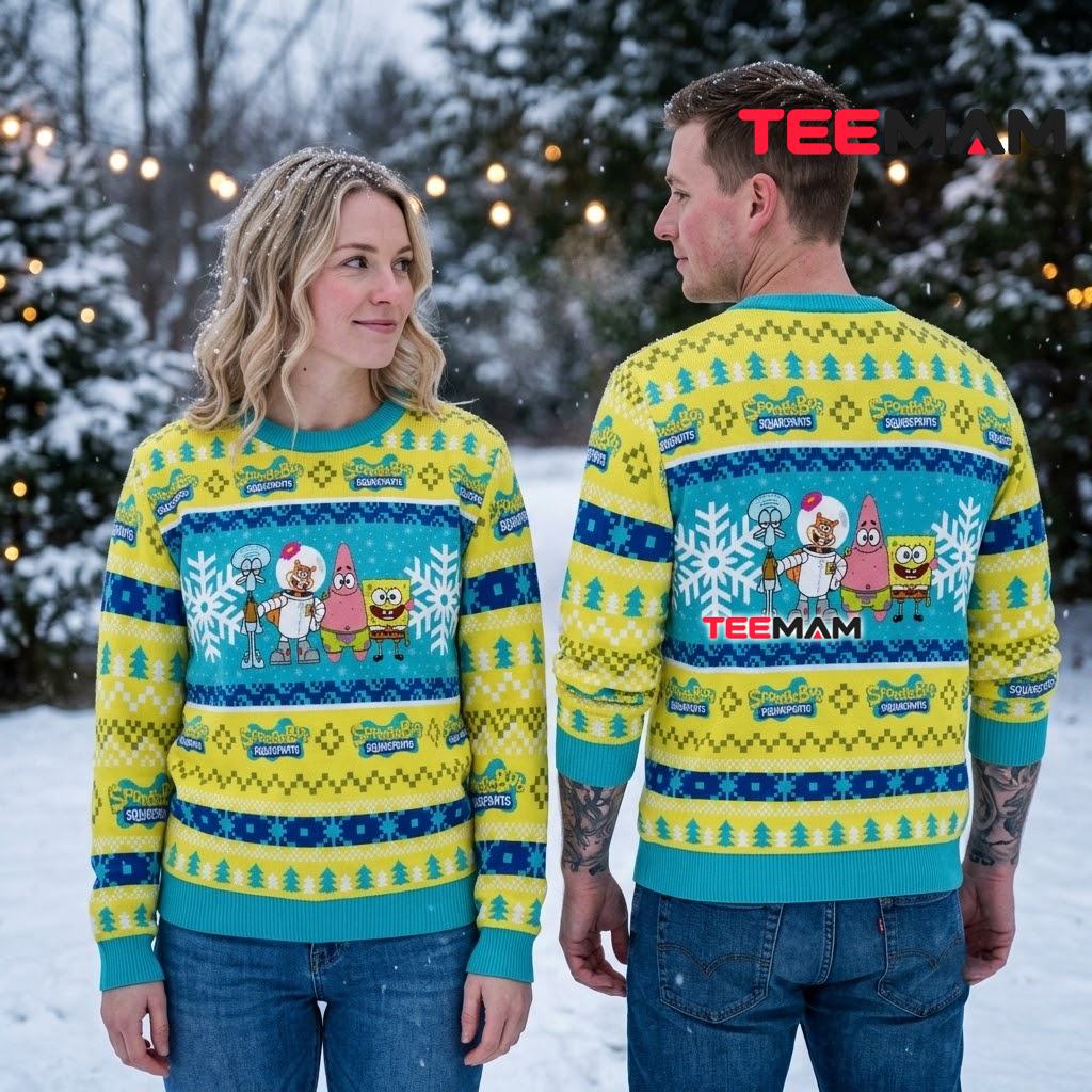 Spongebob Squarepants Ugly Christmas Sweater Squidward Sandy Patrick Snowflake Back Spongebob Squarepants Ugly Christmas Sweater Squidward Sandy Patrick Snowflake Back