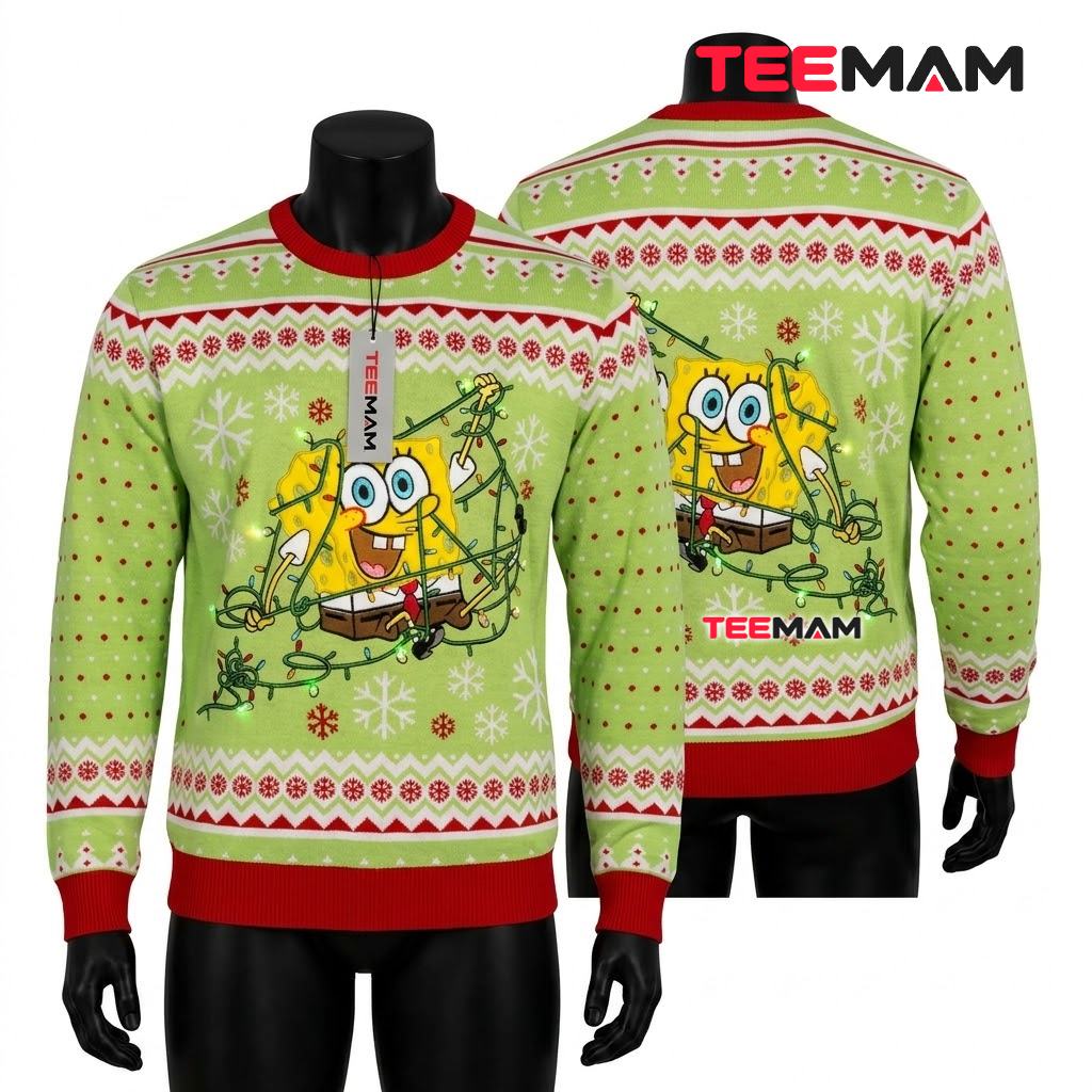 Spongebob Squarepants Ugly Christmas Sweater Tangled Lights Front