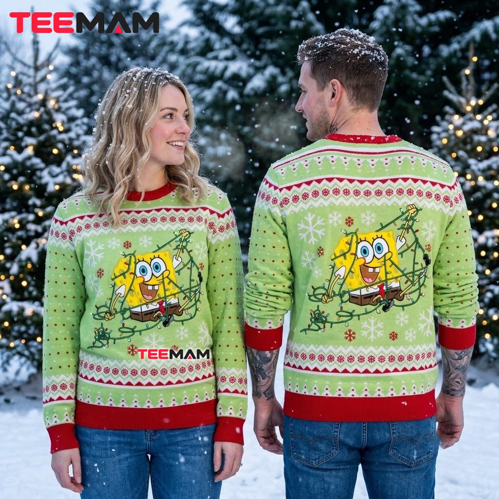 Spongebob Squarepants Ugly Christmas Sweater Tangled Lights Back Spongebob Squarepants Ugly Christmas Sweater Tangled Lights Back