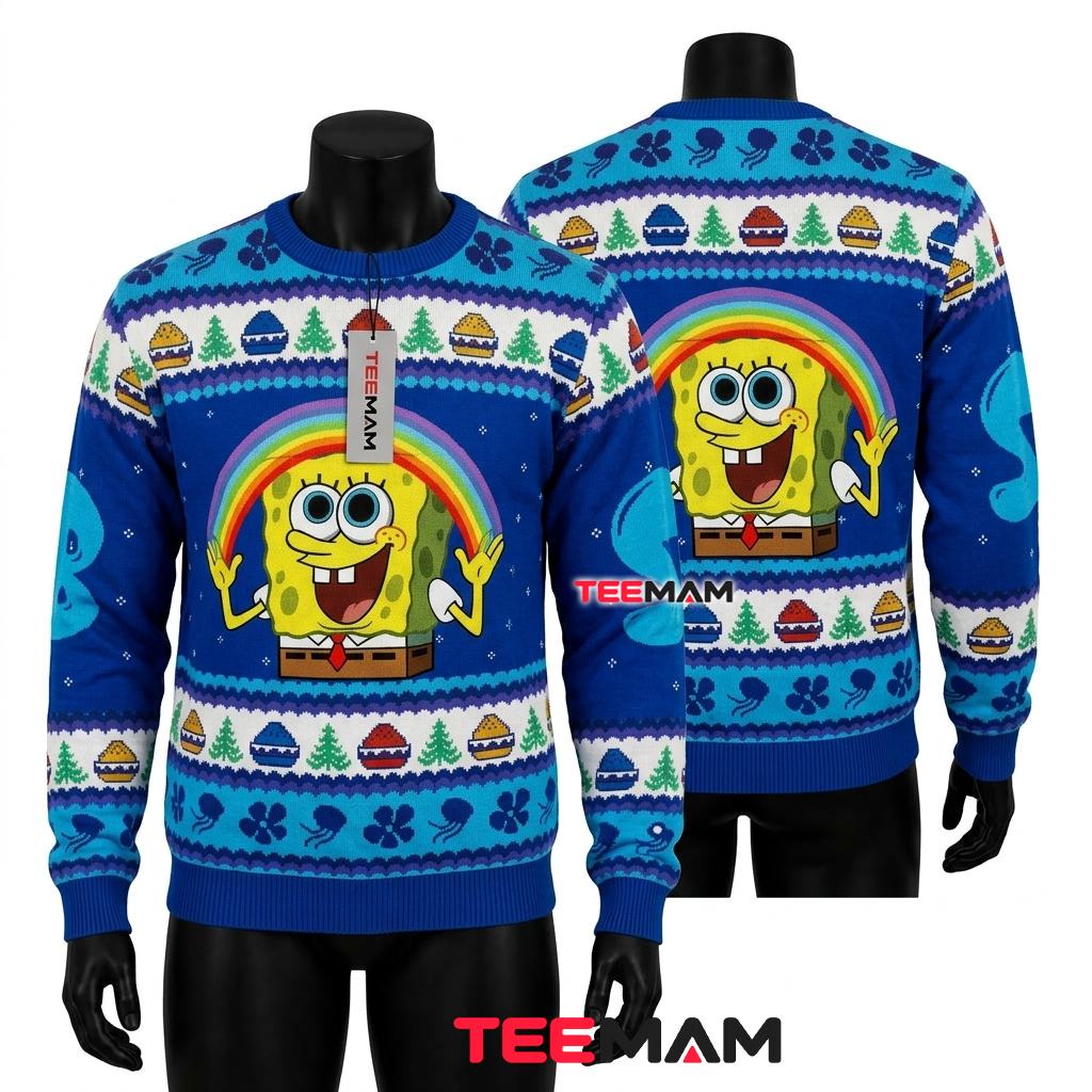 Spongebob Ugly Christmas Sweater Rainbow Blue Jellyfish Pattern Front