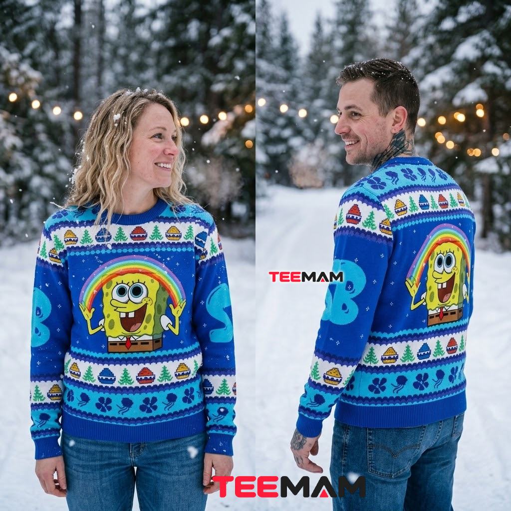 Spongebob Ugly Christmas Sweater Rainbow Blue Jellyfish Pattern Back Spongebob Ugly Christmas Sweater Rainbow Blue Jellyfish Pattern Back