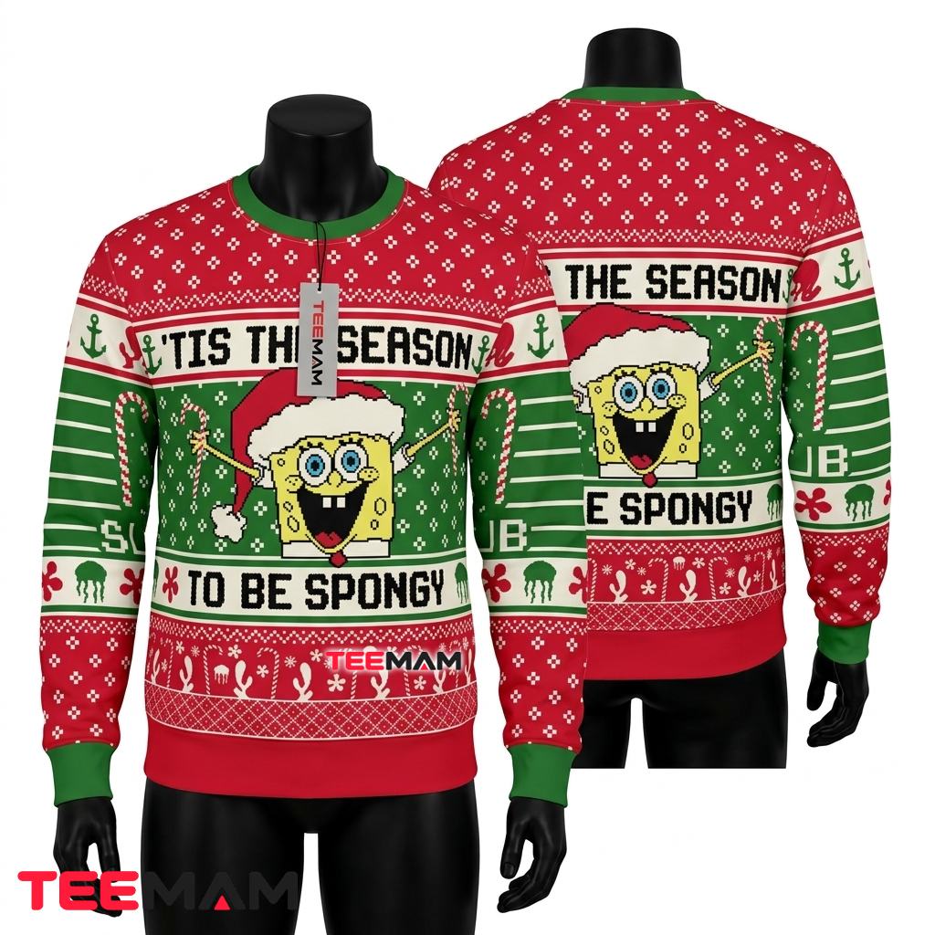 Spongebob Ugly Christmas Sweater Tis The Season To Be Spongy Front