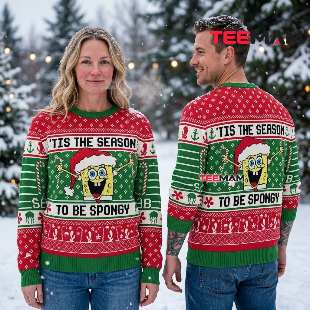 Spongebob Ugly Christmas Sweater Tis The Season To Be Spongy Back Spongebob Ugly Christmas Sweater Tis The Season To Be Spongy Back