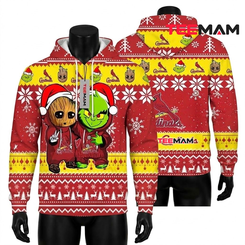 St. Louis Cardinals 3D Hoodie Groot Grinch Christmas Front