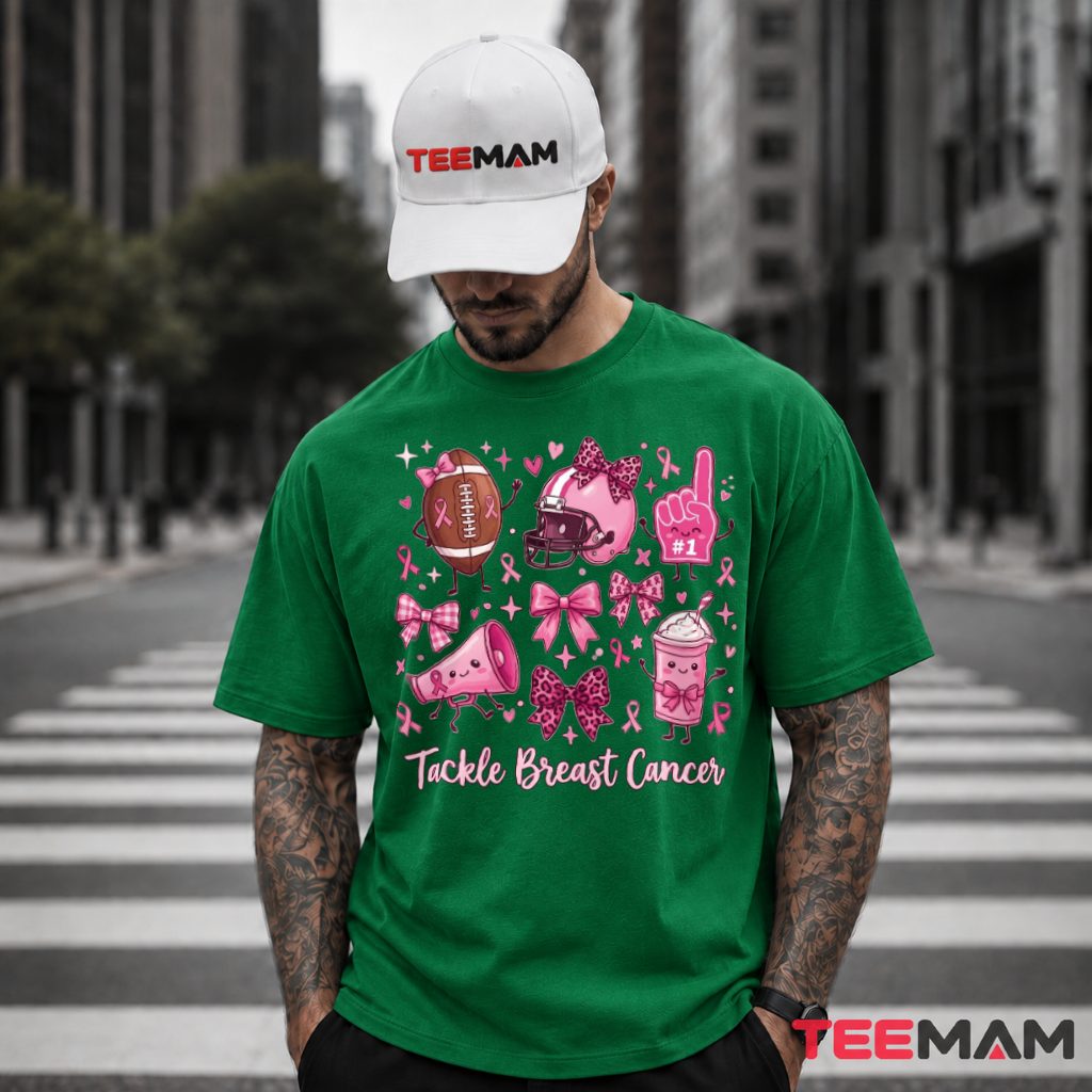Tackle Breast Cancer Football Helmet Bow Cheer T-Shirt